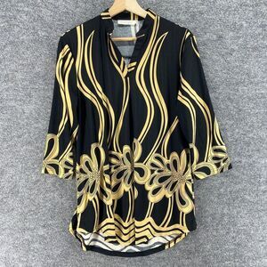 BaiShengGT Blouse L Large Black Geometric V-Neck Long Sleeve Pullover Casual